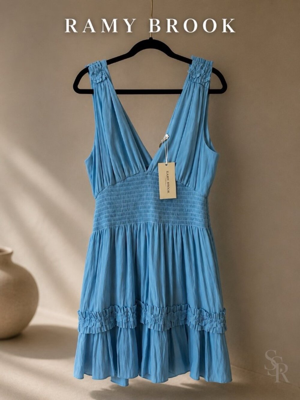 Ramy Brook Sky Blue Sleeveless V-Neck Smocked Waist Tiered Mini Dress Size L
